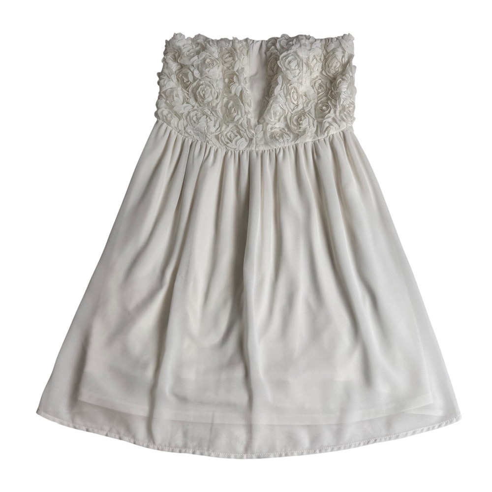 Coquette White Strapless 3D Fairycore Floral Rosette‎ Babydoll Mini Dress Medium